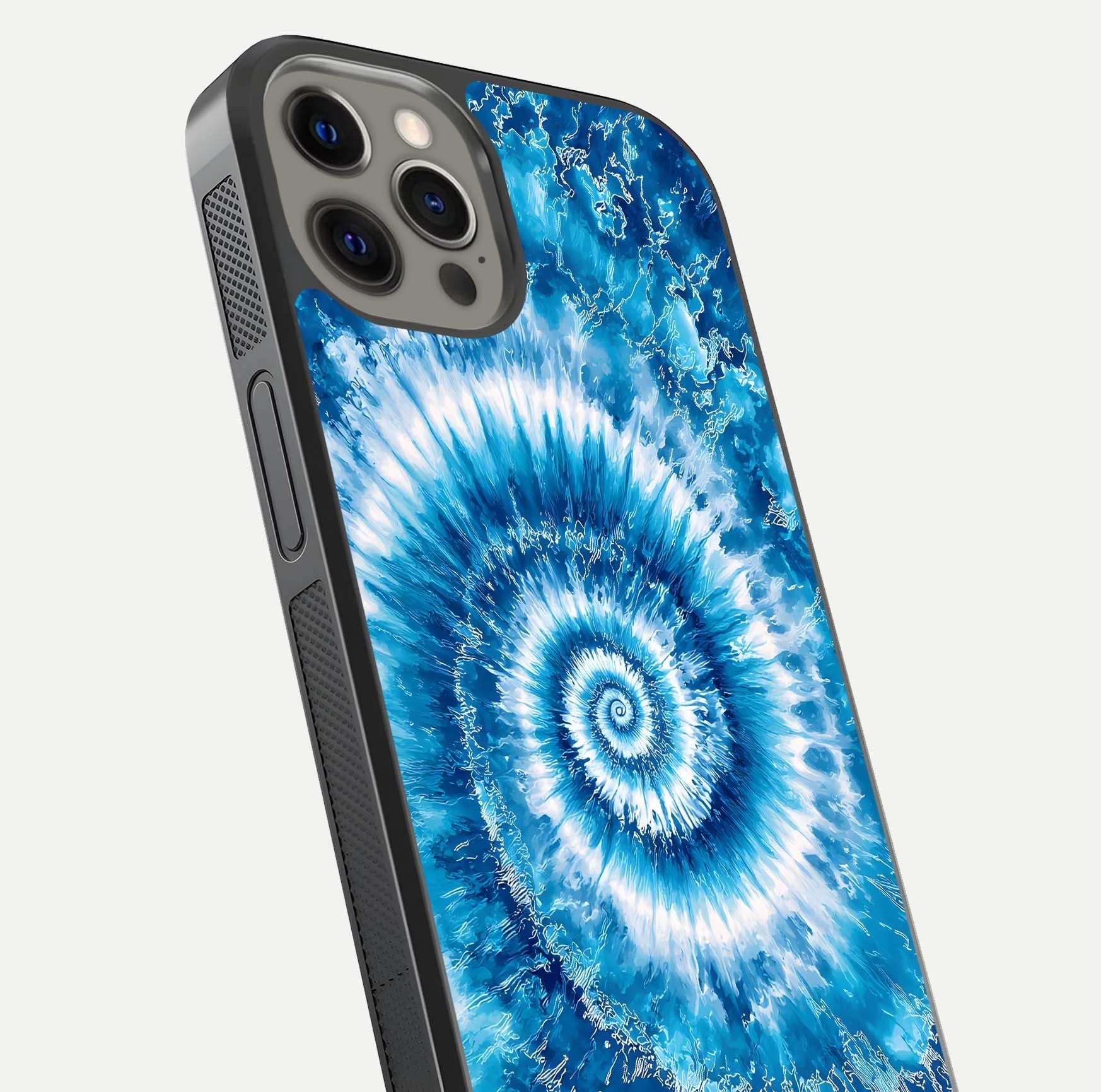 Blue Galaxy Wave Glass Case for iPhone 12 Pro Max close-up highlighting fluid wave motion and deep-blue reflection