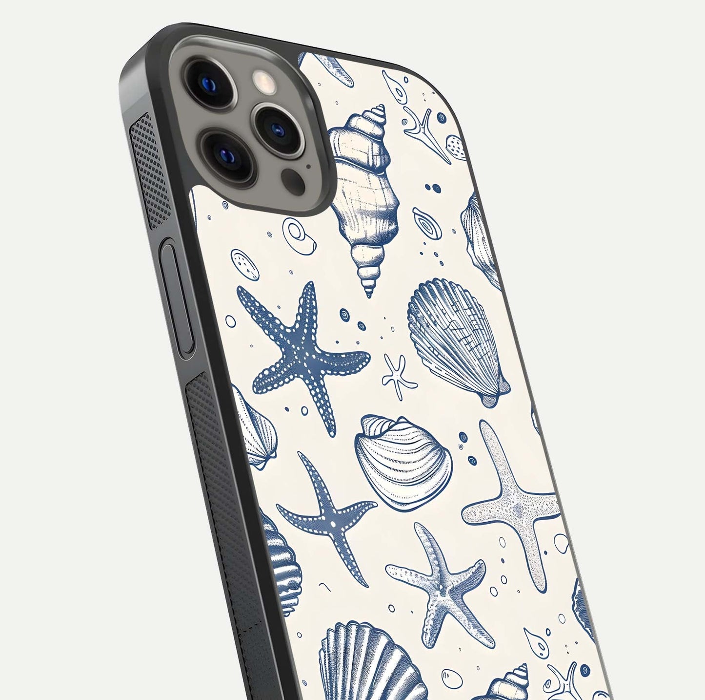 Blue Ocean Outline Glass Case for iPhone 12 Pro Max close-up shot highlighting line art details and reflection texture