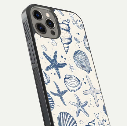 Blue Ocean Outline Glass Case for iPhone 12 Pro Max close-up shot highlighting line art details and reflection texture