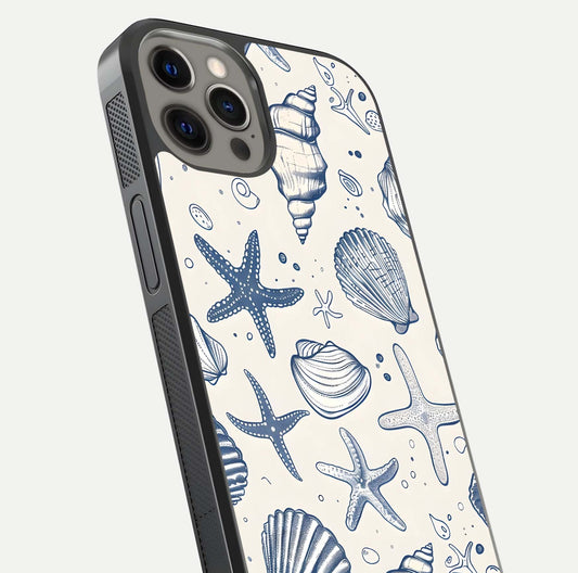 Blue Ocean Outline Glass Case for iPhone 12 Pro Max close-up shot highlighting line art details and reflection texture