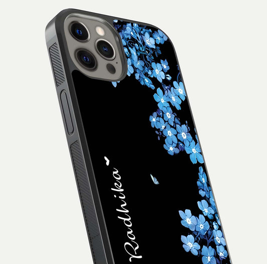 Blue Petal Dream Custom Name Glass Case for iPhone 12 Pro Max close-up highlighting petal texture and gloss reflection