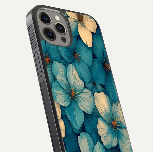 Blue Shade Floral Glass Case for iPhone 12 Pro Max close-up angle showing flower print precision and reflection