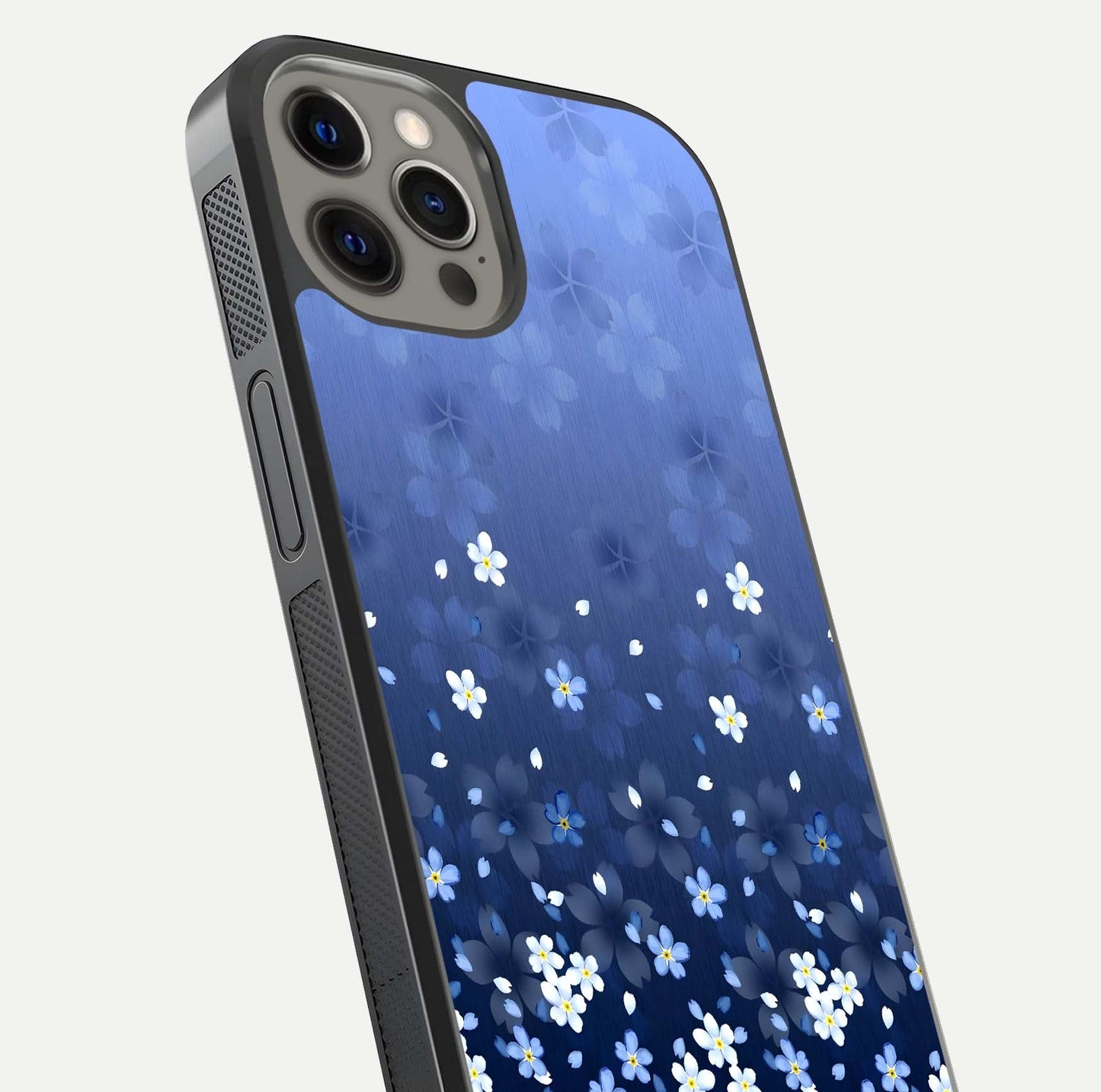 Blue Starry Glass Case for iPhone 12 Pro Max close-up image highlighting sparkle details and midnight blue gradient