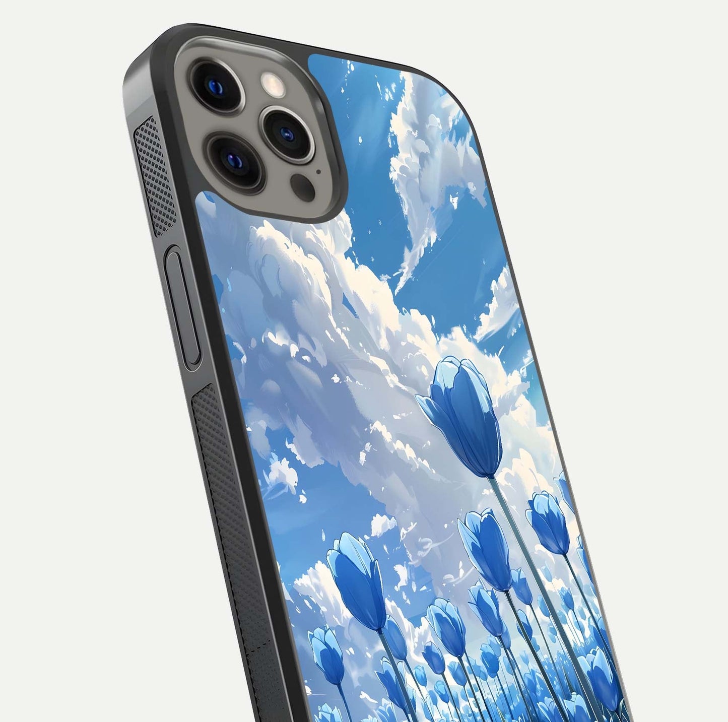 Blue Tulip Clouds Glass Case for iPhone 12 Pro Max close-up image highlighting tulip petals, clouds, and reflection texture