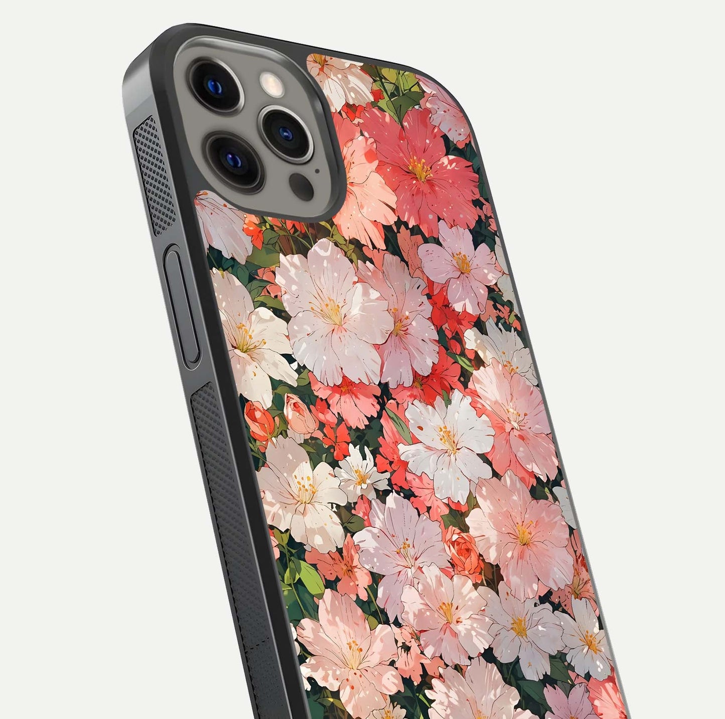 Blush Bloom Field Glass Case for iPhone 12 Pro Max close-up shot capturing pastel flower field tones and gloss shine