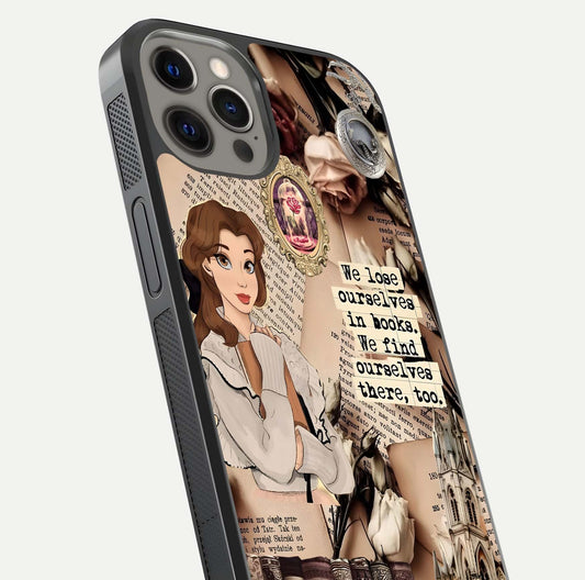 Bookish Dream World Glass Case for iPhone 12 Pro Max close-up shot highlighting book elements and reflection gloss