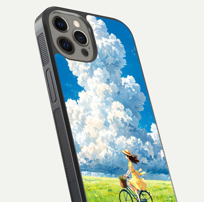 Breezy Meadow Ride Glass Case for iPhone 12 Pro Max close-up shot showing flowers and breezy motion texture