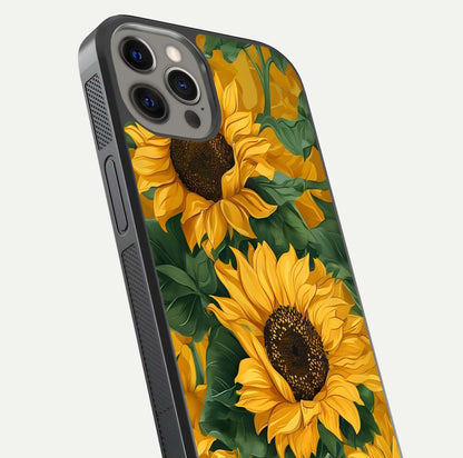 Bright Sunflower Bloom Glass Case for iPhone 12 Pro Max close-up image highlighting yellow petal detail and HD reflection