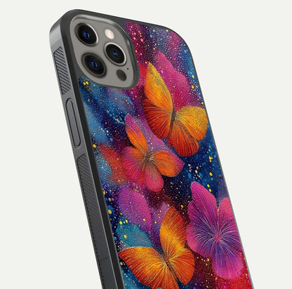 Butterfly Dream Mist Glass Case for iPhone 12 Pro Max close-up capturing wing pattern detail and glossy finish texture