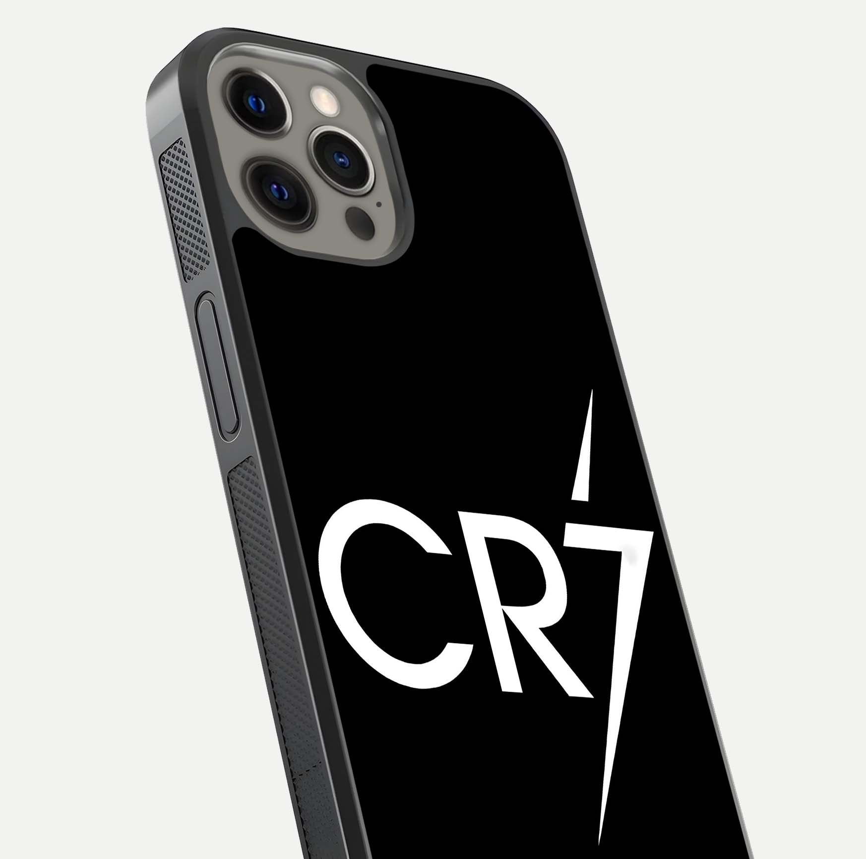 CR7 Elite Strike Glass Case for iPhone 12 Pro Max close-up highlighting CR7 artwork and shine reflection