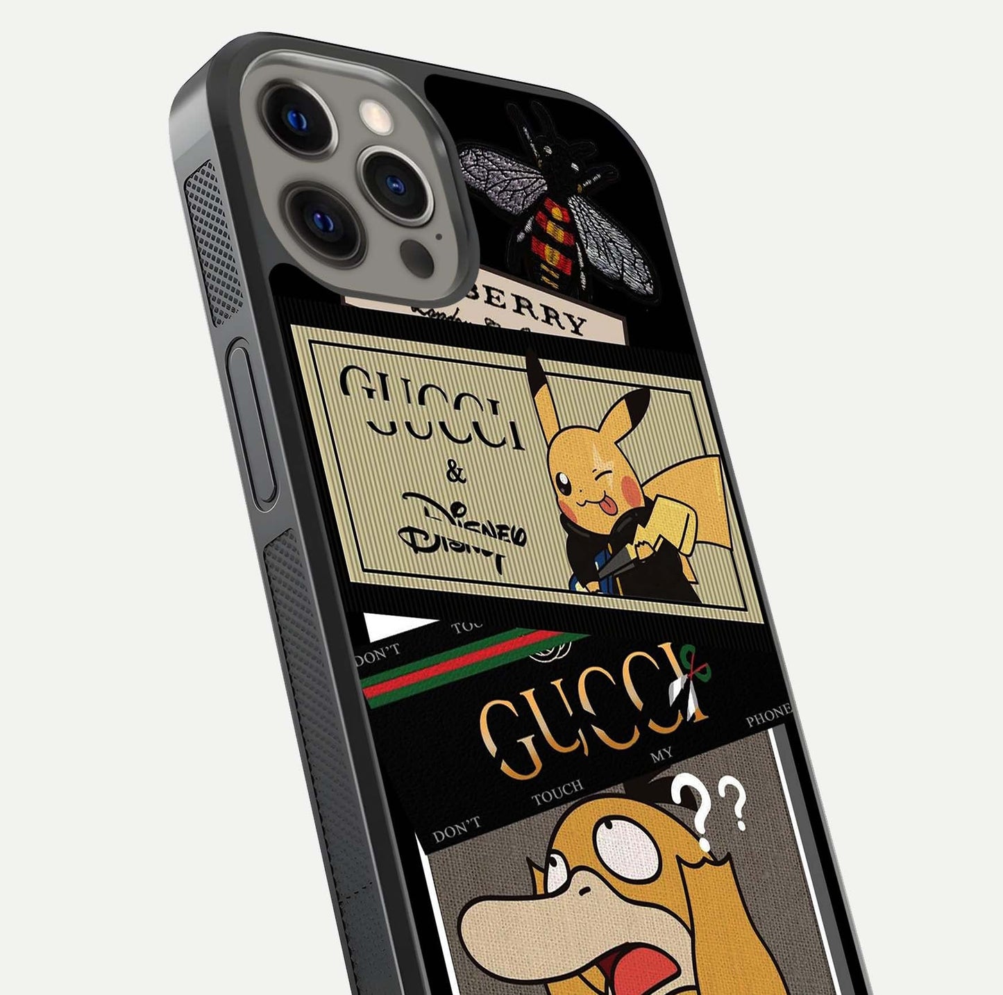 Cartoon Brand Play Mashup Glass Case for iPhone 12 Pro Max close-up angled shot showing character details and vibrant tones