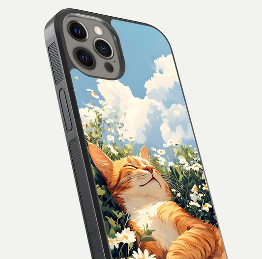 Cat & Flowers View Glass Case for iPhone 12 Pro Max close-up view highlighting cat expression and petal detail