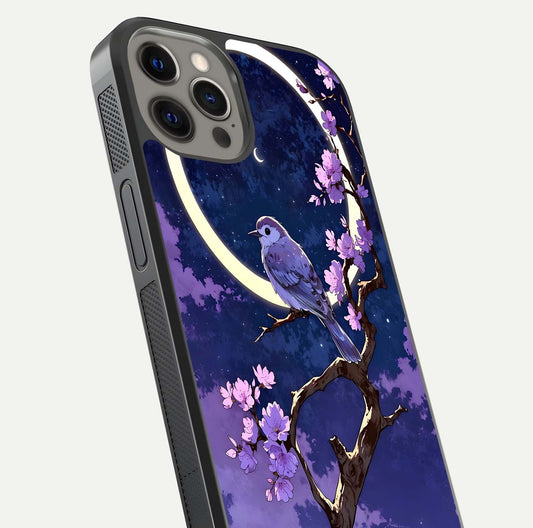 Celestial Bird Blossom Glass Case for iPhone 12 Pro Max close-up capturing bird detail, petal reflection, and gloss shine