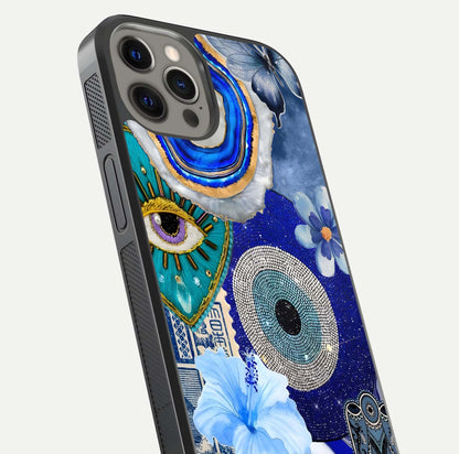 Celestial Blue Vision Glass Case for iPhone 12 Pro Max close-up shot highlighting reflection details and smooth edge polish