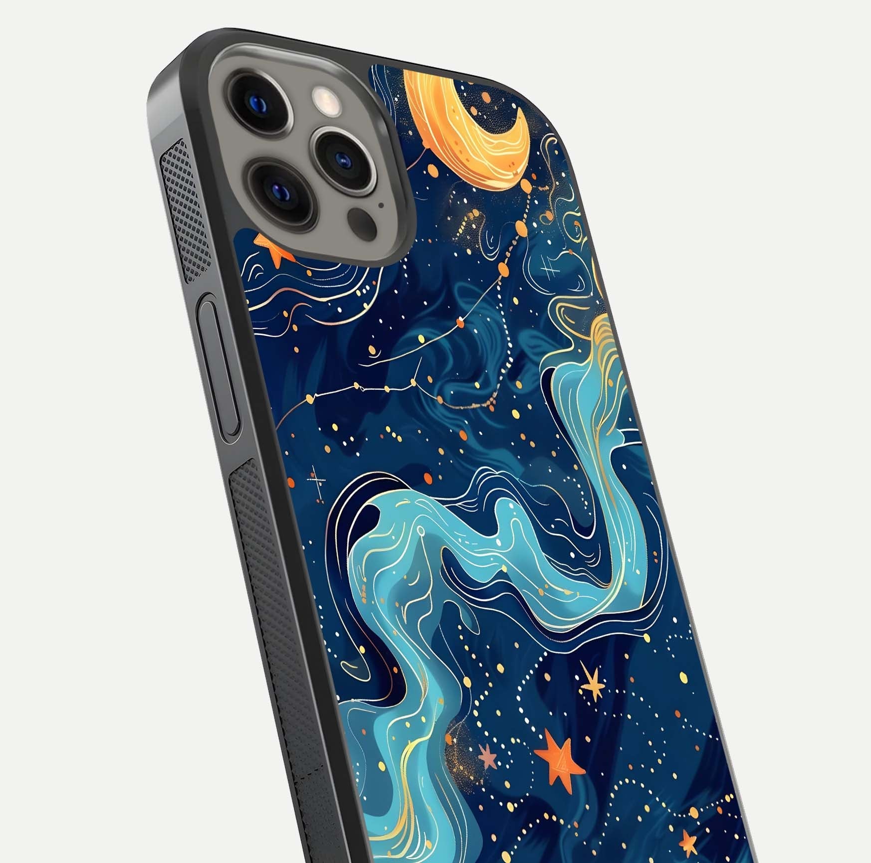 Celestial Dream Flow Glass Case for iPhone 12 Pro Max close-up highlighting star reflections and smooth glow gradient