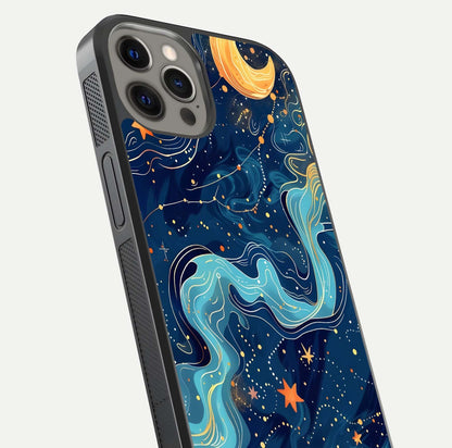 Celestial Dream Flow Glass Case for iPhone 12 Pro Max close-up highlighting star reflections and smooth glow gradient