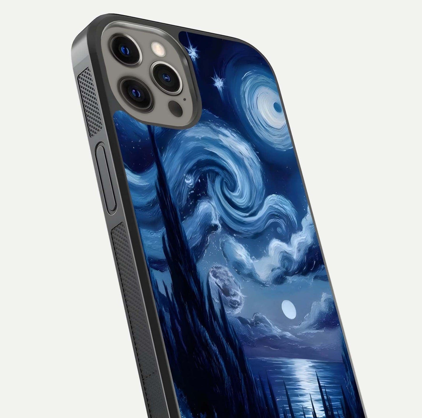 Celestial Dream Van Gogh Glass Case for iPhone 12 Pro Max close-up view capturing vivid brush details and star reflection
