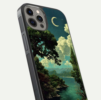 Celestial Lake Peace Glass Case for iPhone 12 Pro Max close-up highlighting moon reflection and glossy texture