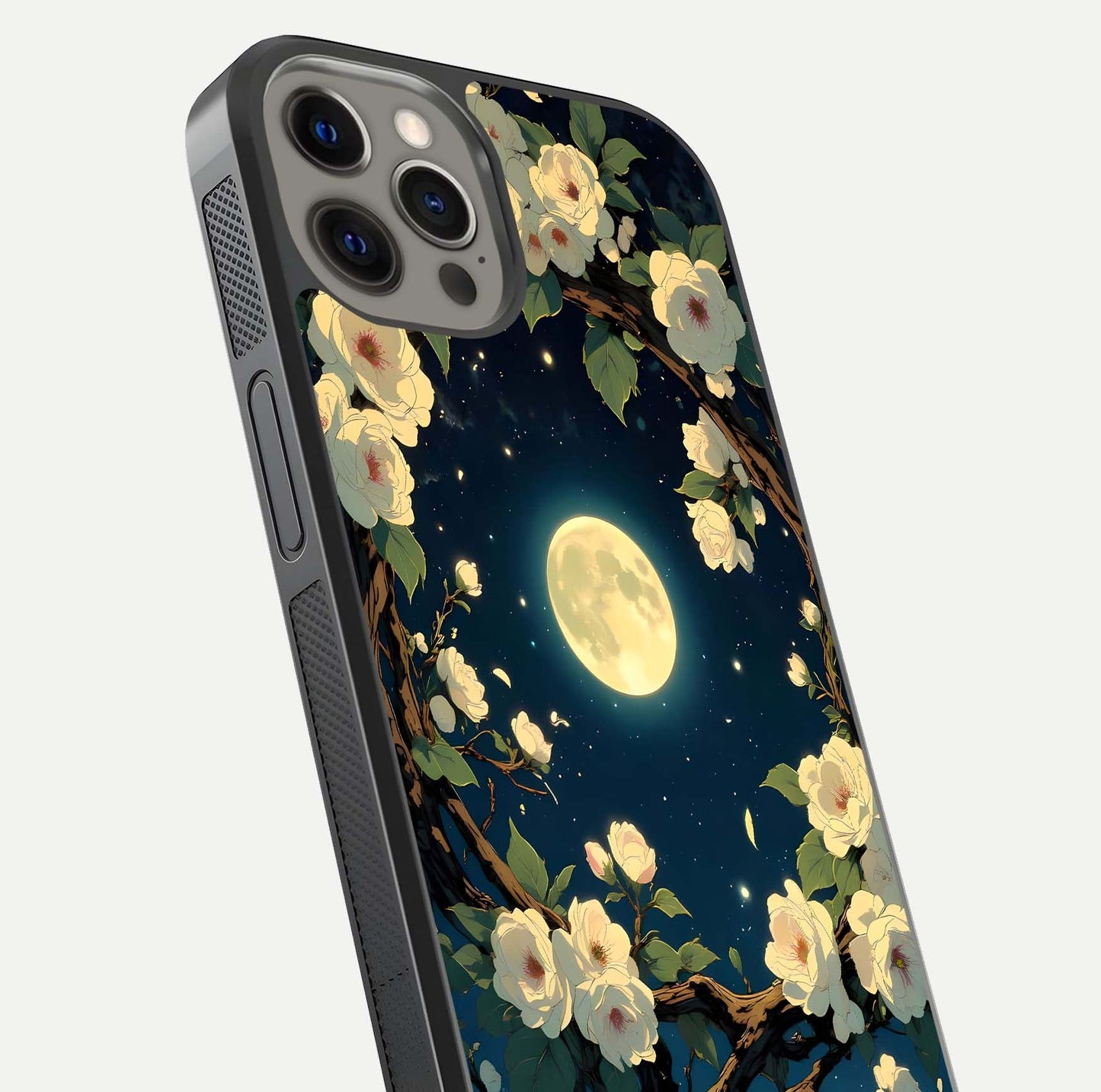 Celestial Moon & Flower Glass Case for iPhone 12 Pro Max close-up capturing petal reflection and moonlight contrast