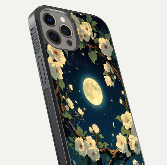 Celestial Moon & Flower Glass Case for iPhone 12 Pro Max close-up capturing petal reflection and moonlight contrast