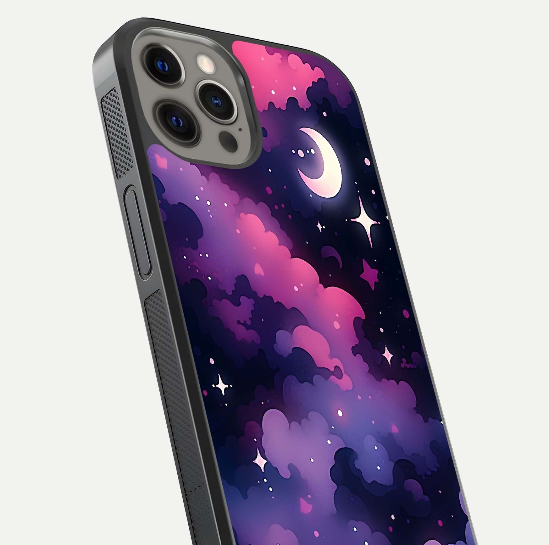 Celestial Moon Magic Glass Case for iPhone 12 Pro Max close-up view highlighting moon crater detail and glass shine