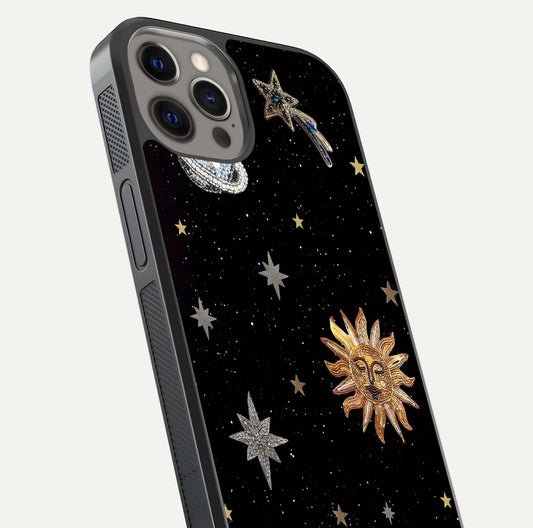 Celestial Moon With Stars Glass Case for iPhone 12 Pro Max close-up showing cosmic reflection and HD shine