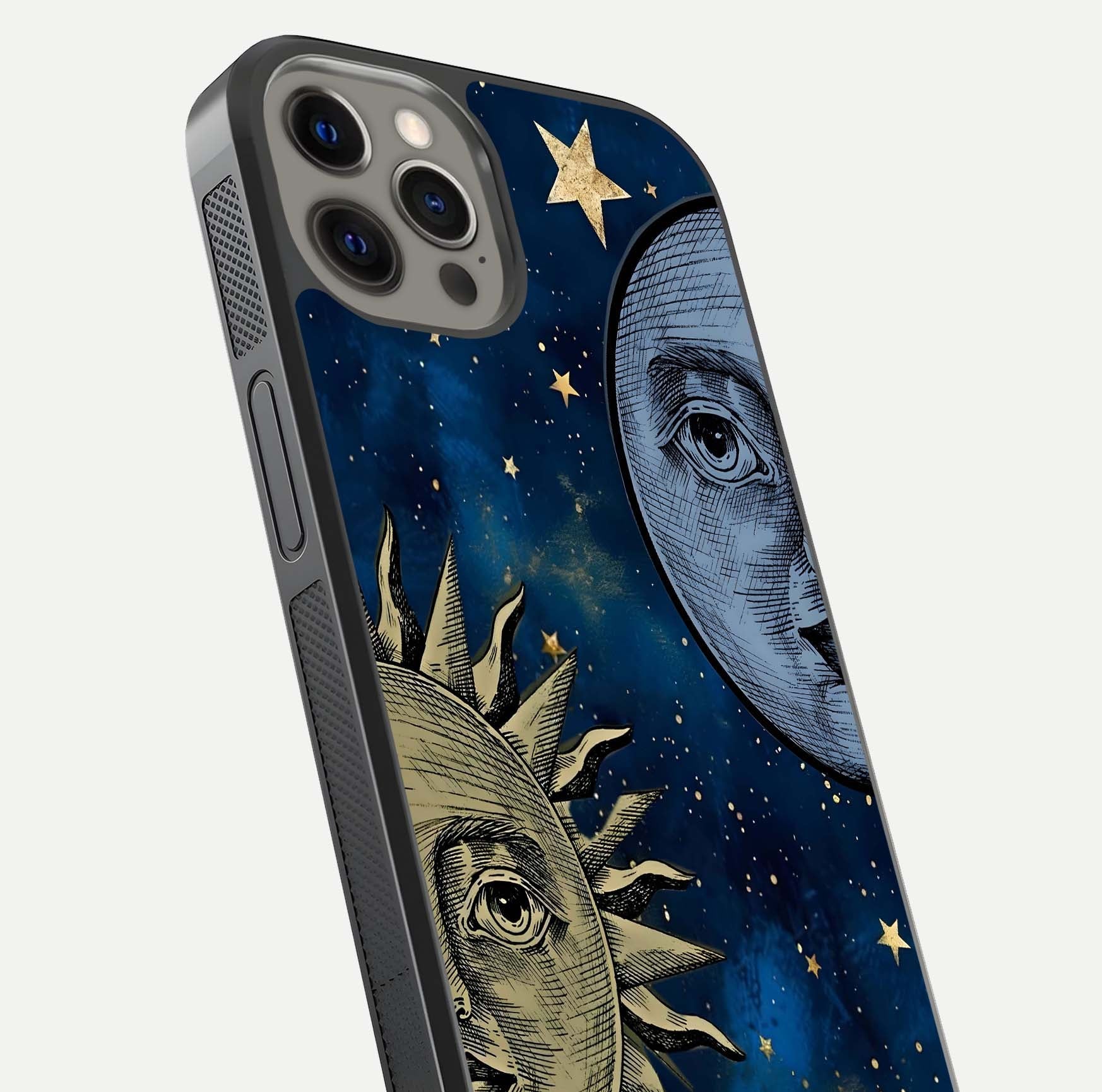 Celestial Moon With Sun Glass Case for iPhone 12 Pro Max close-up highlighting fine celestial detail and polish reflection