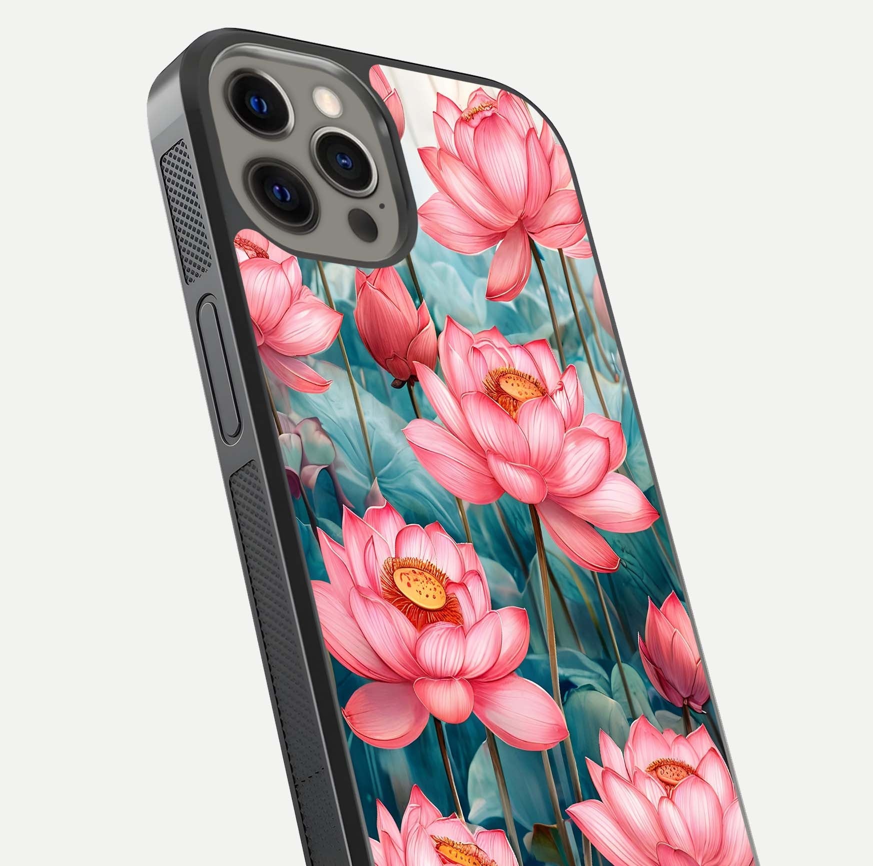Celestial Pink Lotus Glass Case for iPhone 12 Pro Max close-up highlighting petal detail and HD glass reflection