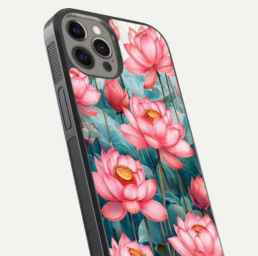 Celestial Pink Lotus Glass Case for iPhone 12 Pro Max close-up highlighting petal detail and HD glass reflection