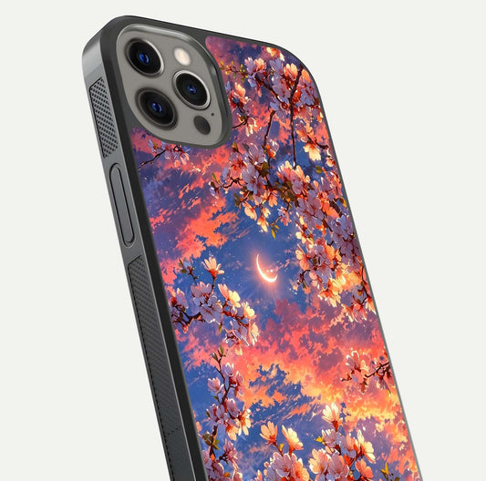 Celestial Sakura Sunset Glass Case for iPhone 12 Pro Max close-up image highlighting blossom petals and gloss shine