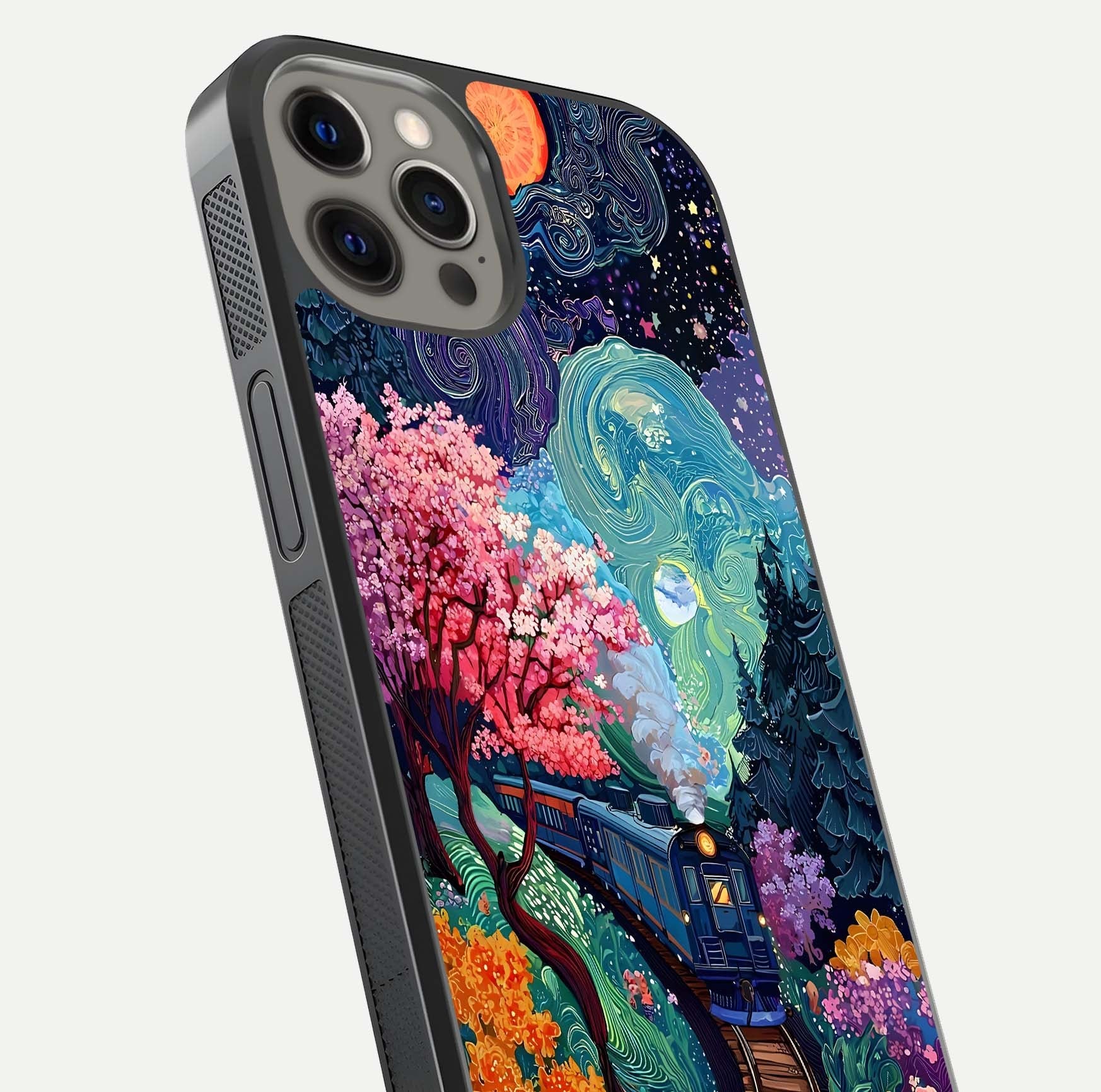 Celestial Train Journey Glass Case for iPhone 12 Pro Max close-up highlighting train lights, cosmic tones, and reflection detail