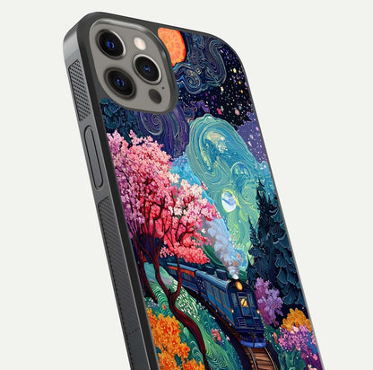 Celestial Train Journey Glass Case for iPhone 12 Pro Max close-up highlighting train lights, cosmic tones, and reflection detail