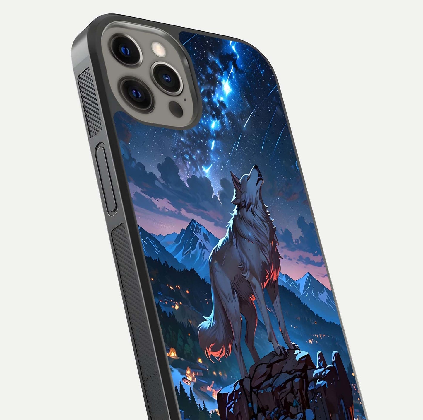 Celestial Wolf Howl Glass Case for iPhone 12 Pro Max close-up showing wolf silhouette and glowing moon reflection