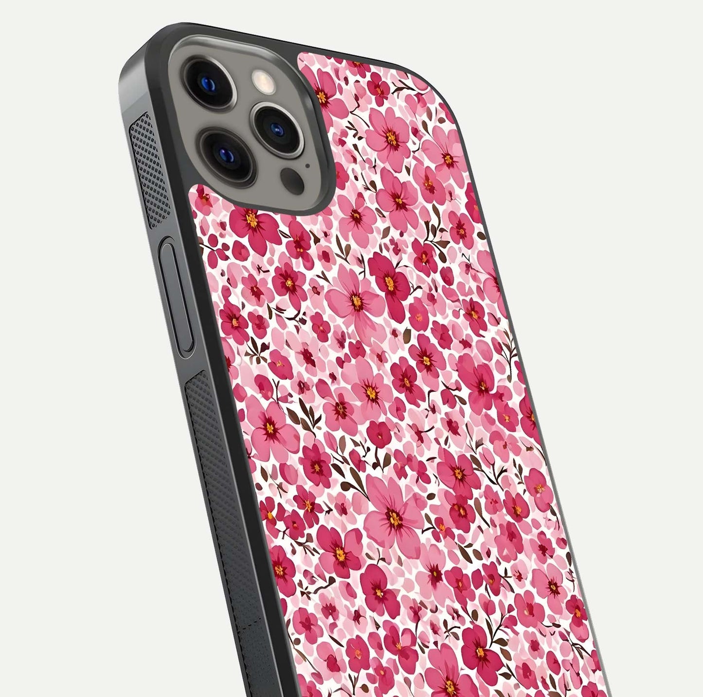 Cherry Blossom Charm Glass Case for iPhone 12 Pro Max close-up highlighting petal gradient and reflection shine