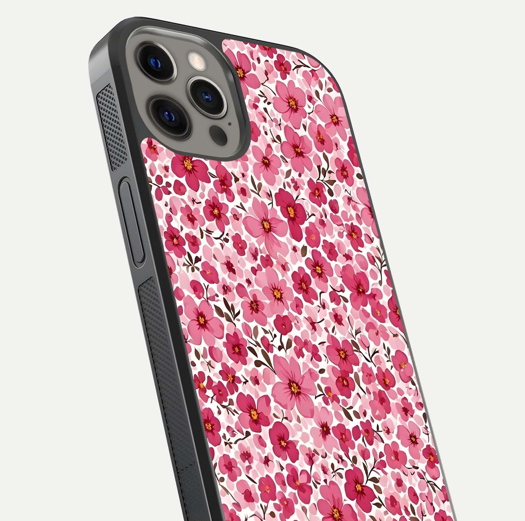 Cherry Blossom Charm Glass Case for iPhone 12 Pro Max close-up highlighting petal gradient and reflection shine