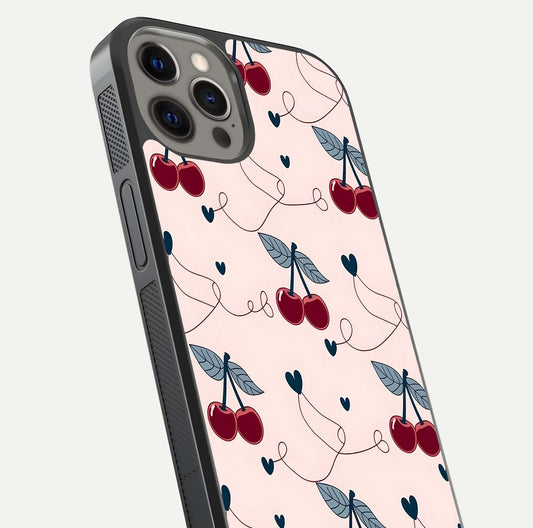 Cherry Heart Line Glass Case for iPhone 12 Pro Max close-up showing heart outline and HD reflection gloss