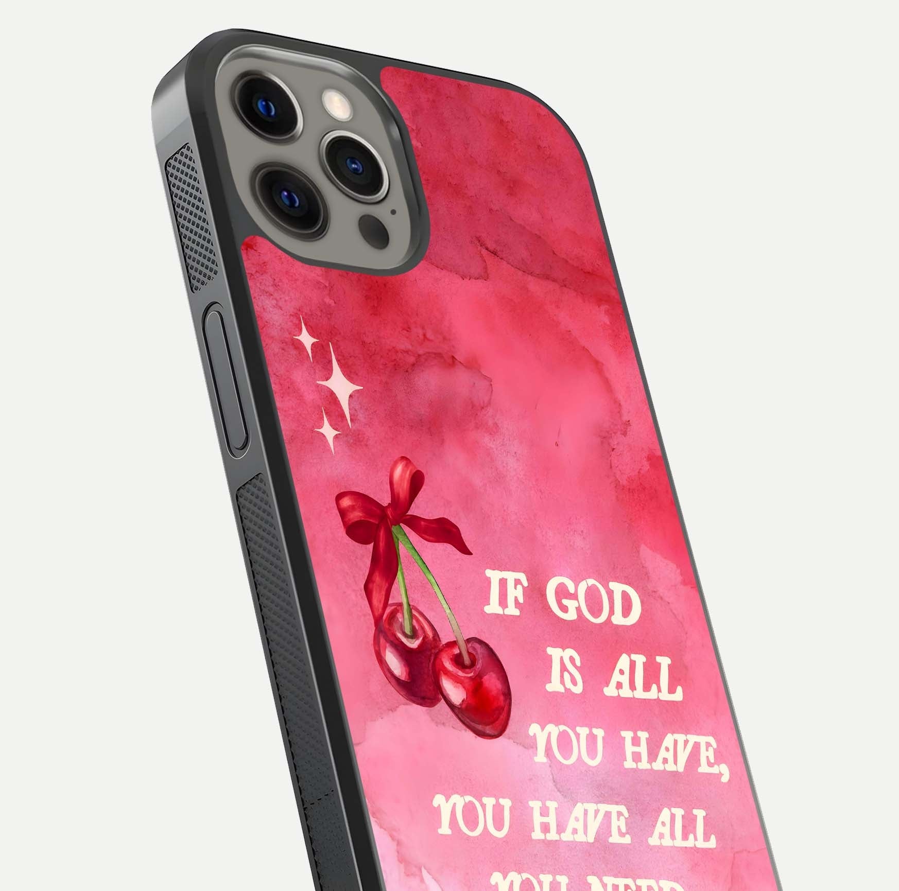 Cherry Quote Glass Case for iPhone 12 Pro Max close-up showing printed quote detail and HD reflection gloss