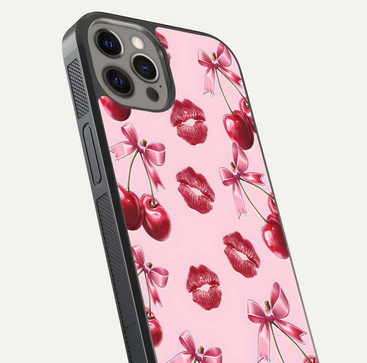 Cherry With Lips Glass Case for iPhone 12 Pro Max close-up view highlighting lips texture and reflection shine
