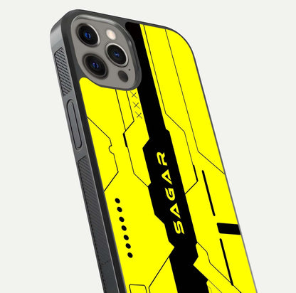 Circuit CYBERPUNK Custom Name Glass Case for iPhone 12 Pro Max close-up highlighting neon lines, futuristic tones, and gloss reflection