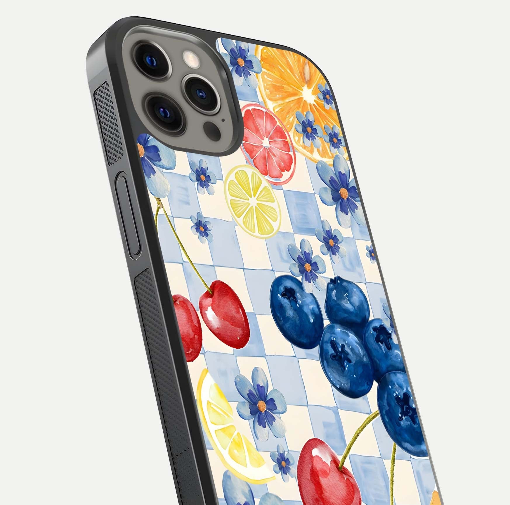 Citrus Bloom Joy Glass Case for iPhone 12 Pro Max close-up highlighting orange blossoms and reflection detail