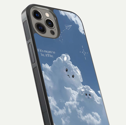Cloud Bunny Dreams Glass Case for iPhone 12 Pro Max close-up showing bunny art, dreamy clouds, and HD shine