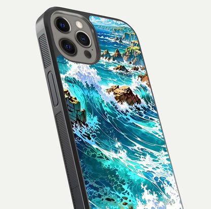 Coastal Blue Waves Glass Case for iPhone 12 Pro Max close-up highlighting wave texture and blue shine