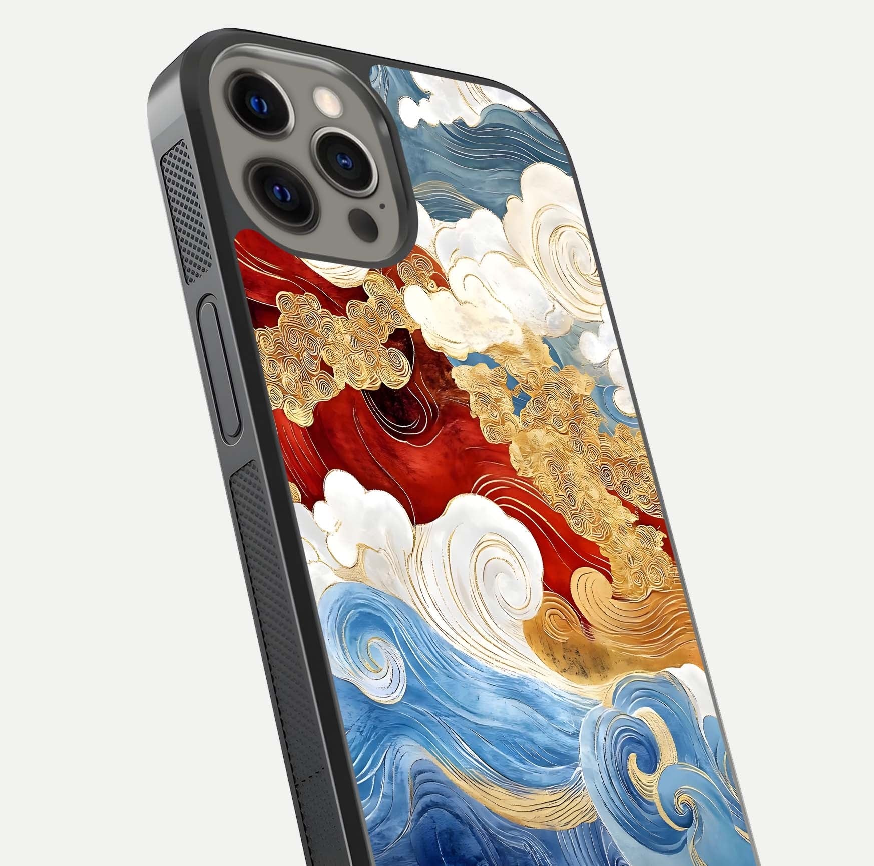 Colored Waves Glass Case for iPhone 12 Pro Max close-up angled shot highlighting gradient flow and light reflection