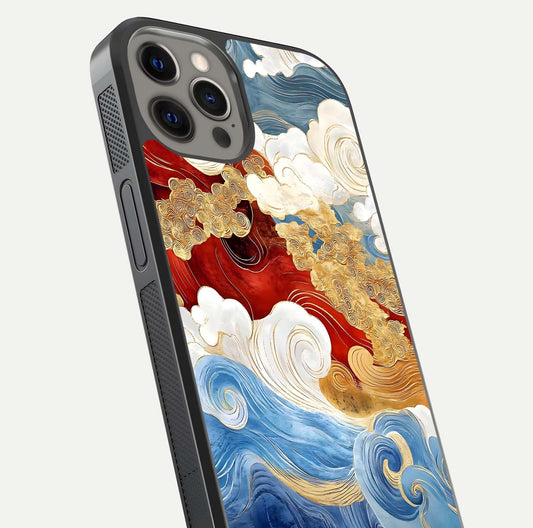 Colored Waves Glass Case for iPhone 12 Pro Max close-up angled shot highlighting gradient flow and light reflection