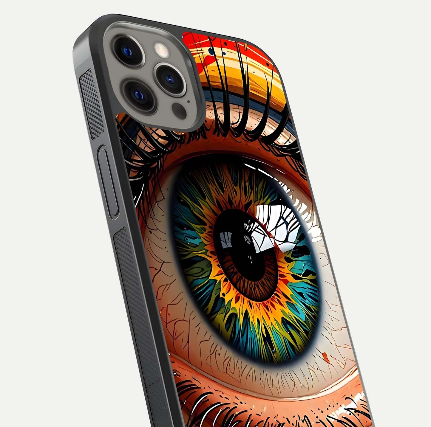 Colorful Eye Glass Case for iPhone 12 Pro Max close-up highlighting eye pattern detail and reflection shine