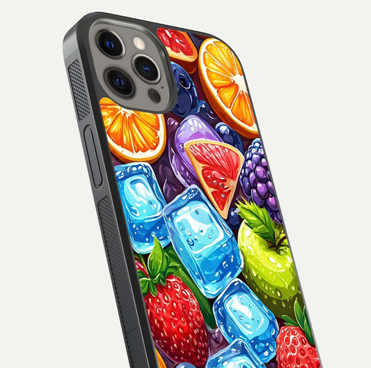Colorful Fruits with Ice Glass Case for iPhone 12 Pro Max close-up highlighting fruit color and reflection glow