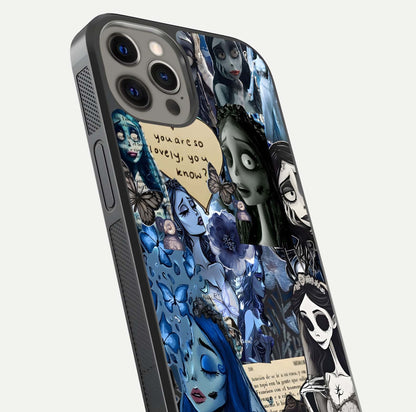 Corpse Bride Posters Glass Case for iPhone 12 Pro Max close-up highlighting detailed artwork and reflection polish
