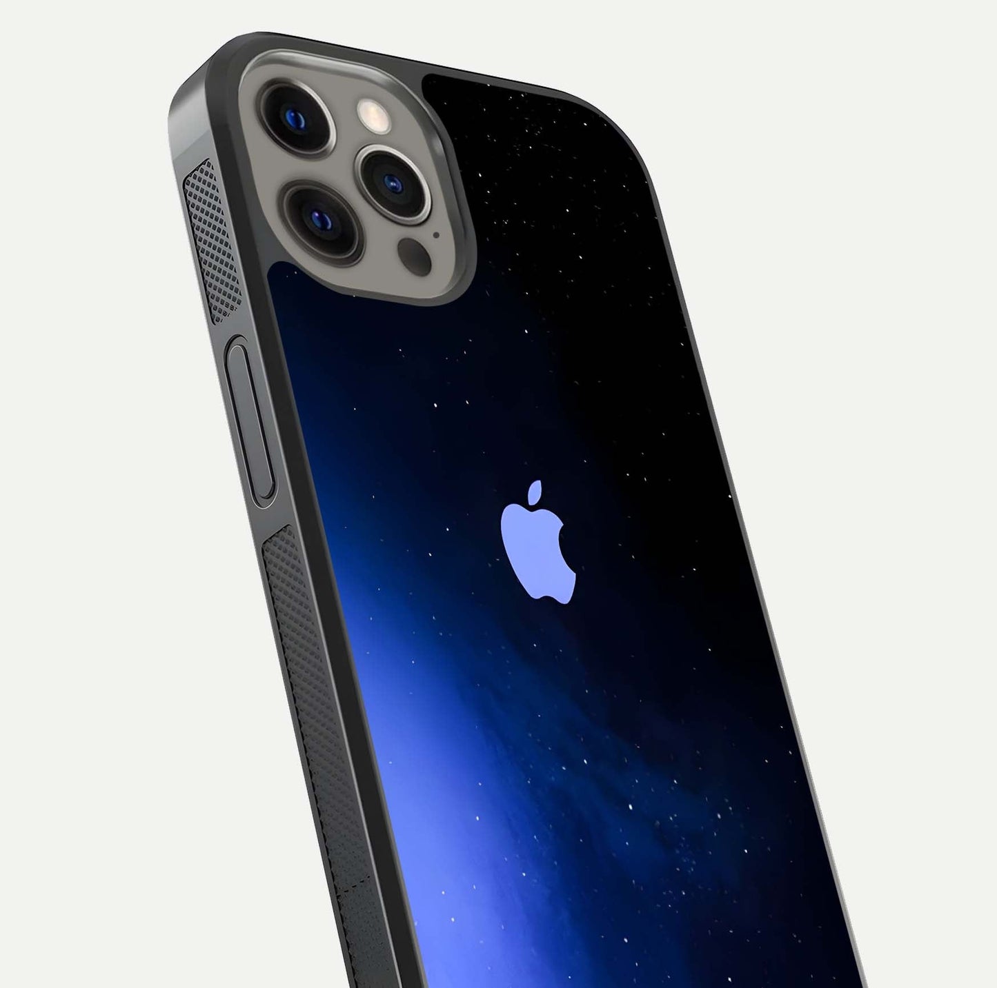 Cosmic Blue Apple Glass Case for iPhone 12 Pro Max close-up highlighting galaxy pattern, shine, and reflection detail