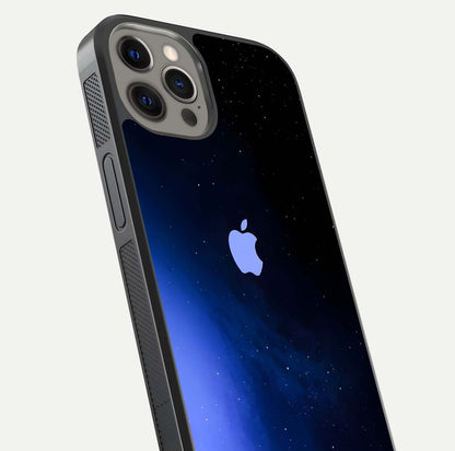 Cosmic Blue Apple Glass Case for iPhone 12 Pro Max close-up highlighting galaxy pattern, shine, and reflection detail