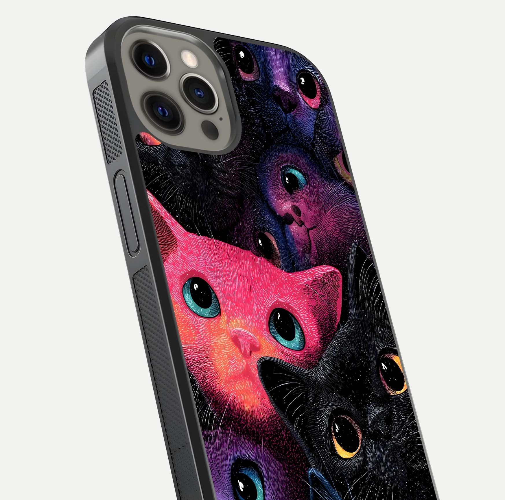 Cosmic Cats Dreams Glass Case for iPhone 12 Pro Max close-up highlighting cats and cosmic glow reflection
